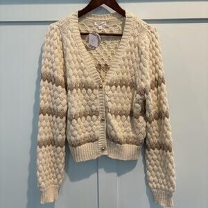 NWT Endless Blu Sweater Women Large Ivory Taupe Button Cardigan Chunky Knit